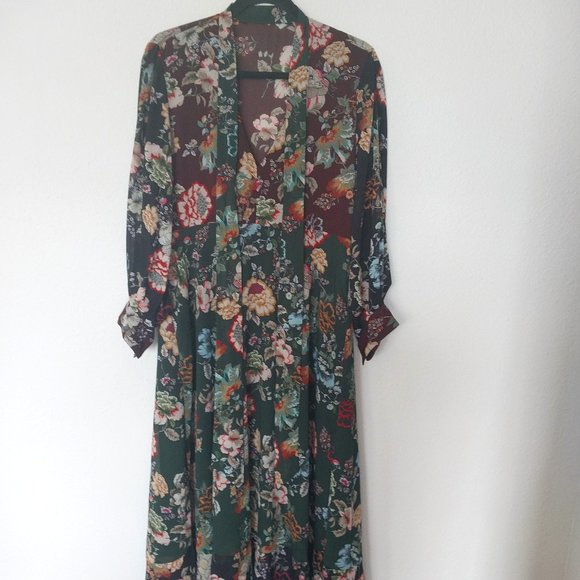 Zara Emerald Green & Burgundy Floral Chiffon Tie Neck Midi Dress - Picture 2 of 15